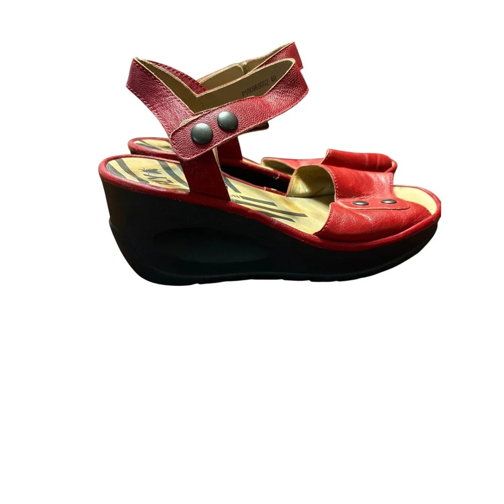 Fly London Red Leather Wedge Sandals Peep Toe Platform Ankle Strap Size 40